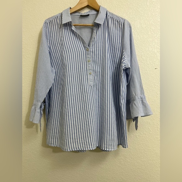 Yessica Blue and White Striped Blouse with Tie Sleeve Details - Picture 1 of 7
